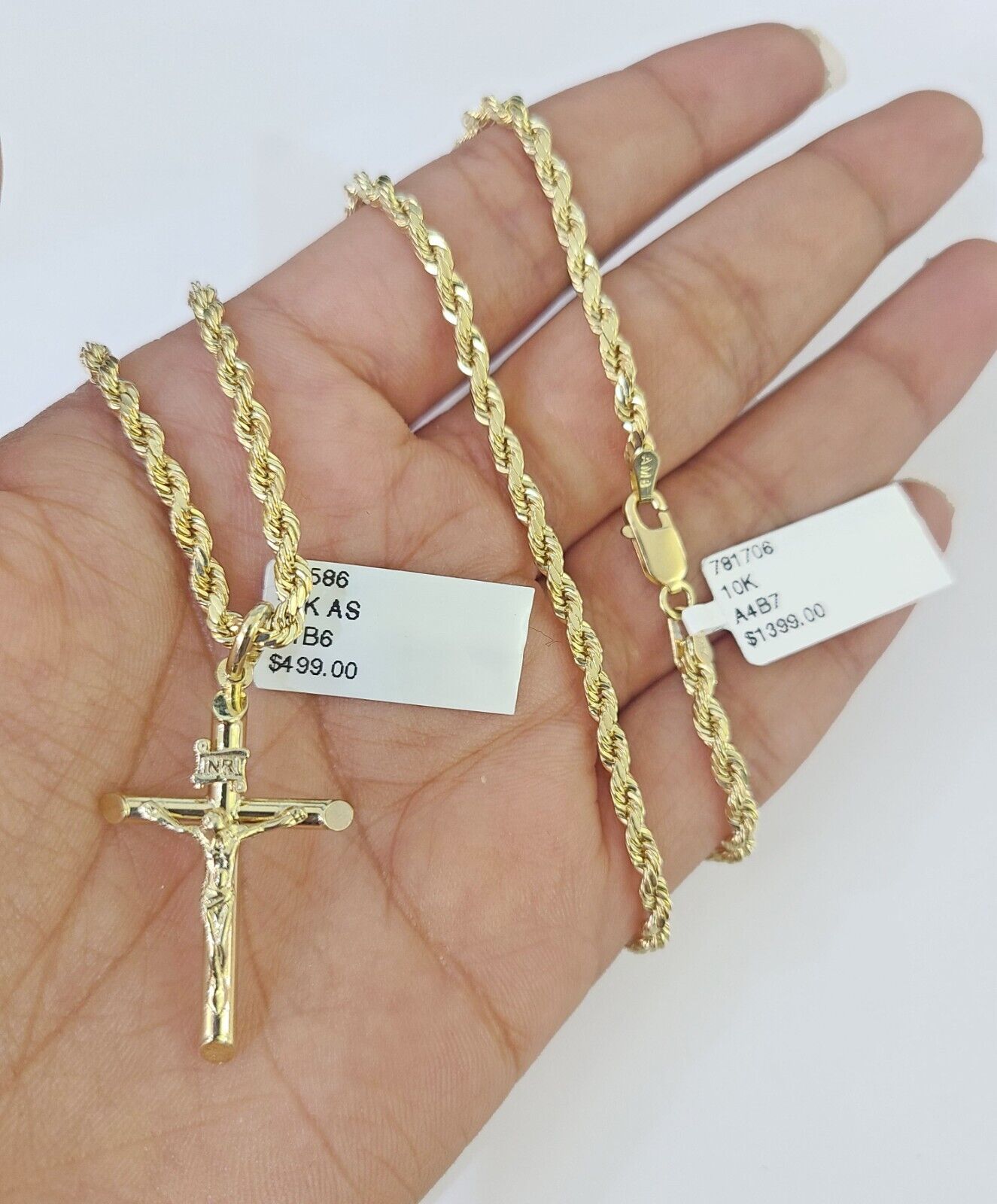 Real 10k 3mm Rope Chain INRI Cross Pendant 18" 20" 22" 24" 26" Gold Set - GoldenlinQ