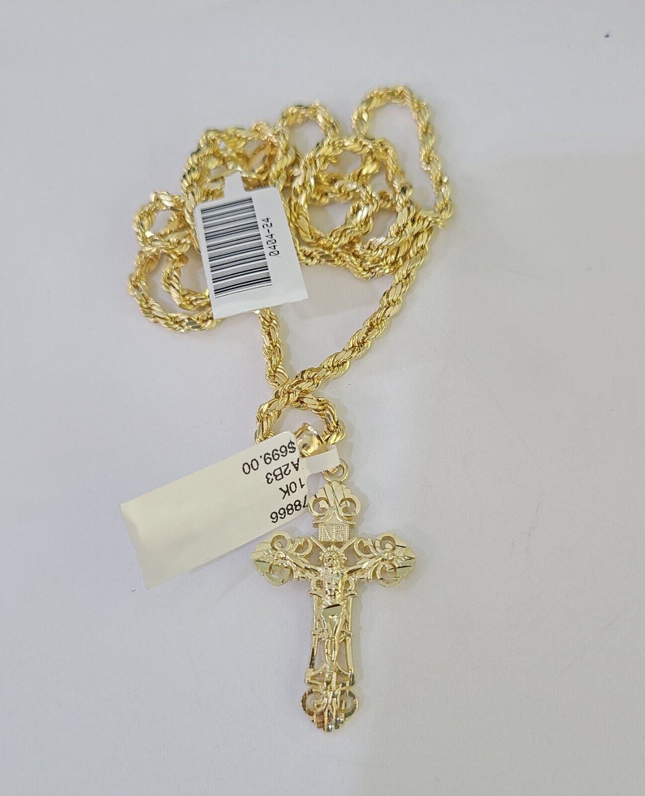 Real 10k 3mm Rope Chain Jesus Cross Pendant Charm 18" 20" 22" 24" 26" Set Yellow - GoldenlinQ