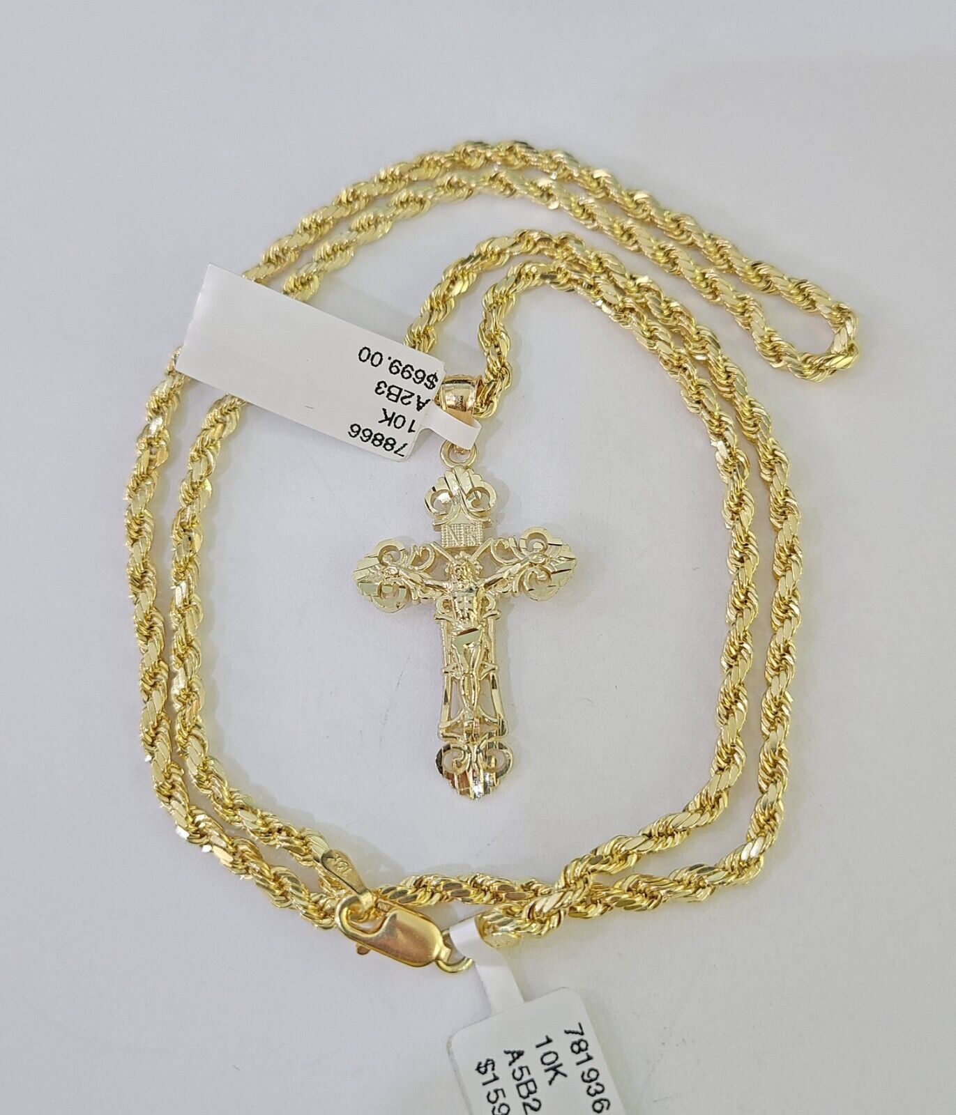 Real 10k 3mm Rope Chain Jesus Cross Pendant Charm 18" 20" 22" 24" 26" Set Yellow - GoldenlinQ
