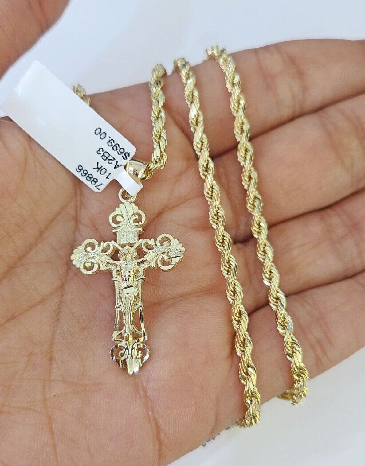 Real 10k 3mm Rope Chain Jesus Cross Pendant Charm 18" 20" 22" 24" 26" Set Yellow - GoldenlinQ
