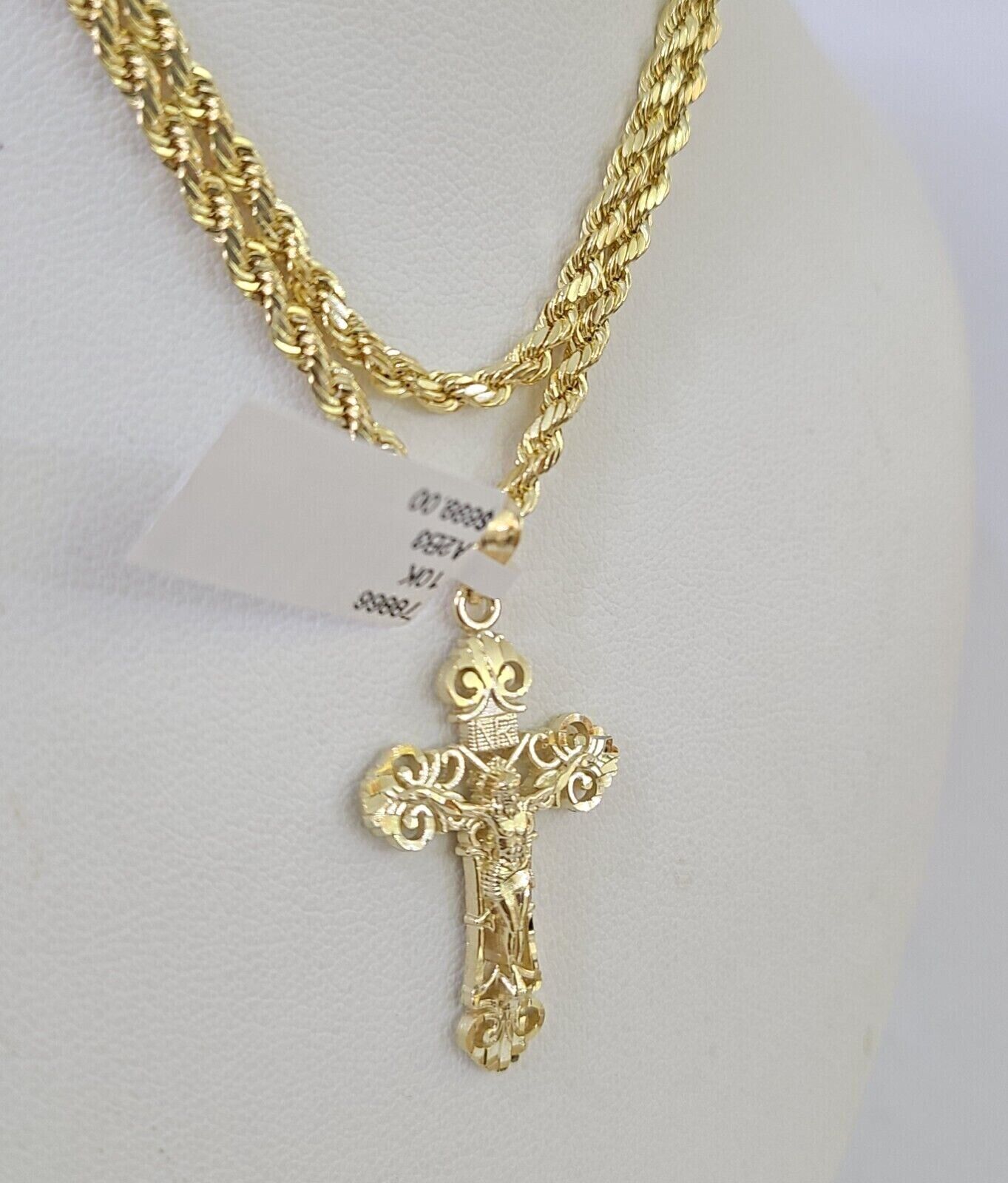 Real 10k 3mm Rope Chain Jesus Cross Pendant Charm 18" 20" 22" 24" 26" Set Yellow - GoldenlinQ