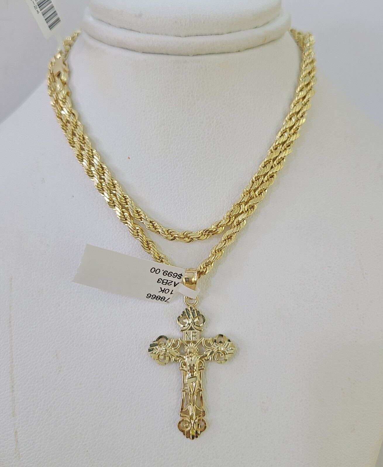 Real 10k 3mm Rope Chain Jesus Cross Pendant Charm 18" 20" 22" 24" 26" Set Yellow - GoldenlinQ
