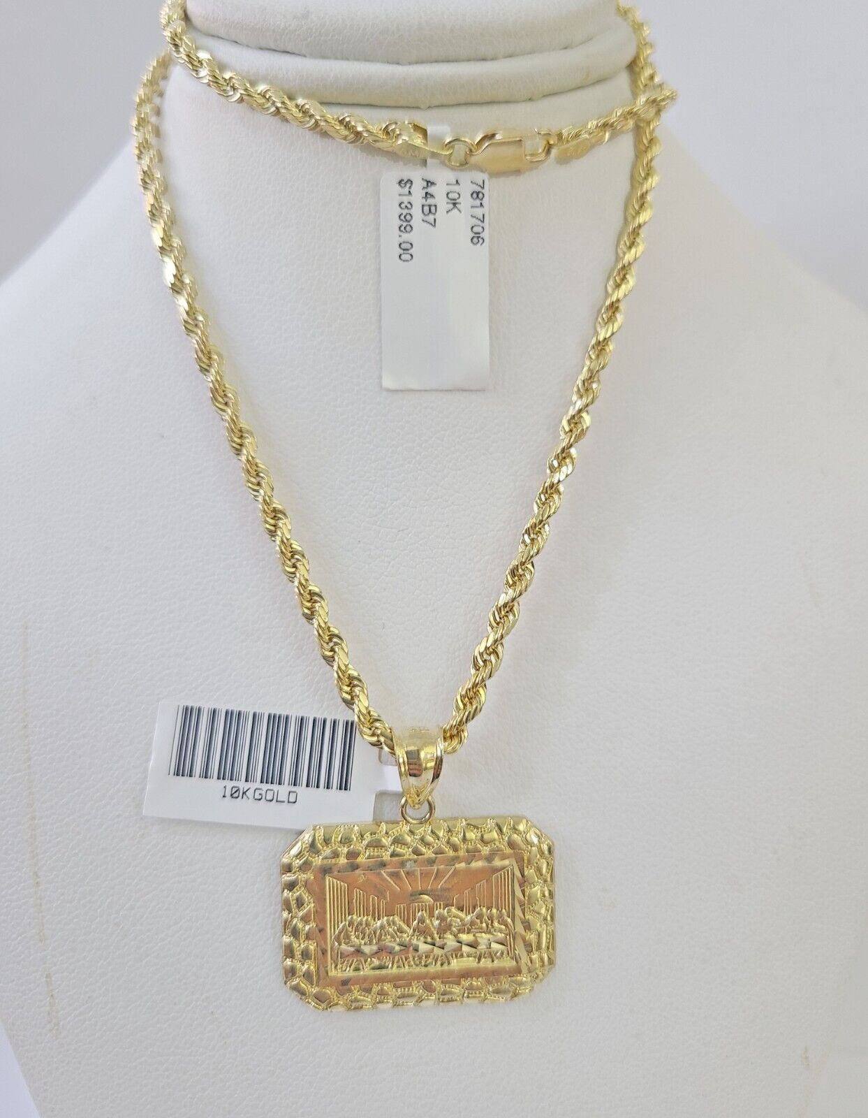 Real 10k 3mm Rope Chain Last Supper Pendant Charm 18" 20" 22" 24" 26" Set Yellow - GoldenlinQ