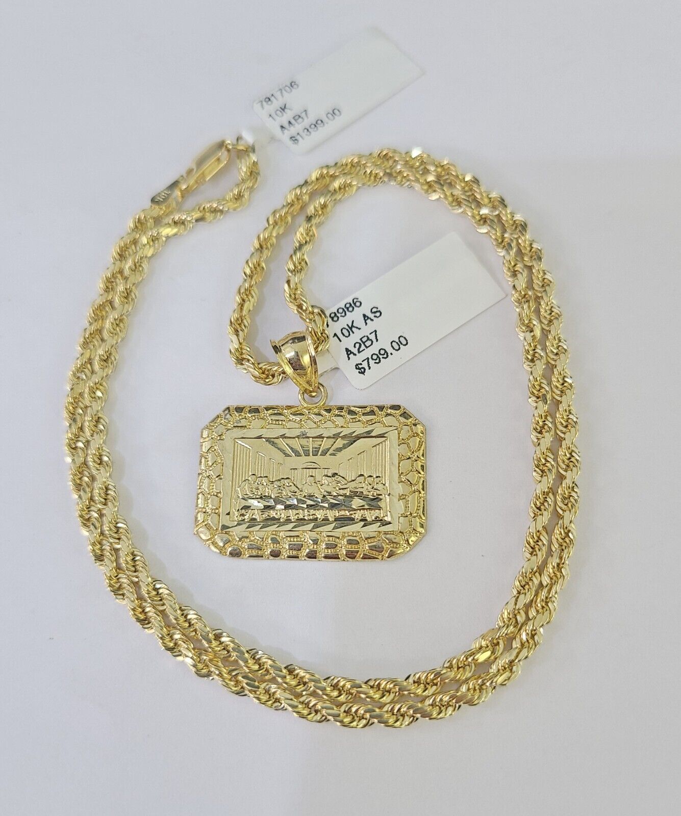 Real 10k 3mm Rope Chain Last Supper Pendant Charm 18" 20" 22" 24" 26" Set Yellow - GoldenlinQ