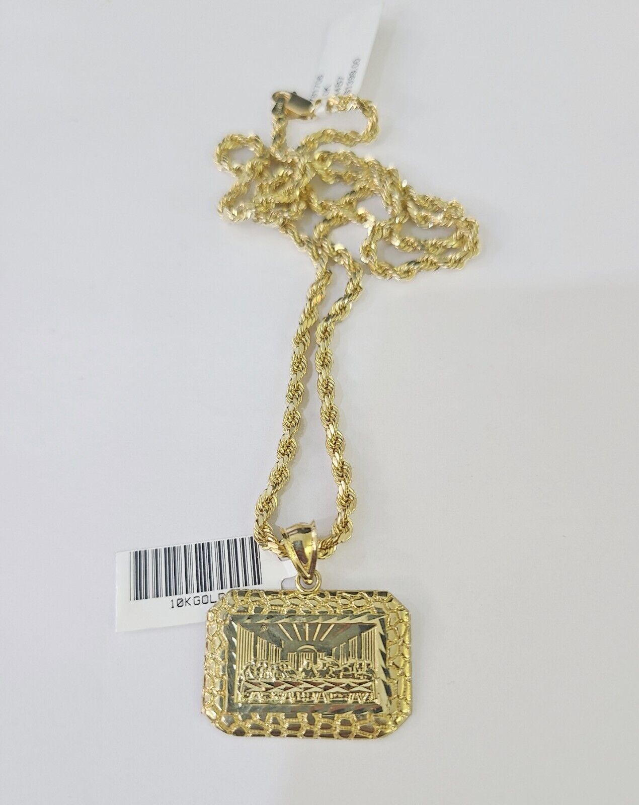 Real 10k 3mm Rope Chain Last Supper Pendant Charm 18" 20" 22" 24" 26" Set Yellow - GoldenlinQ