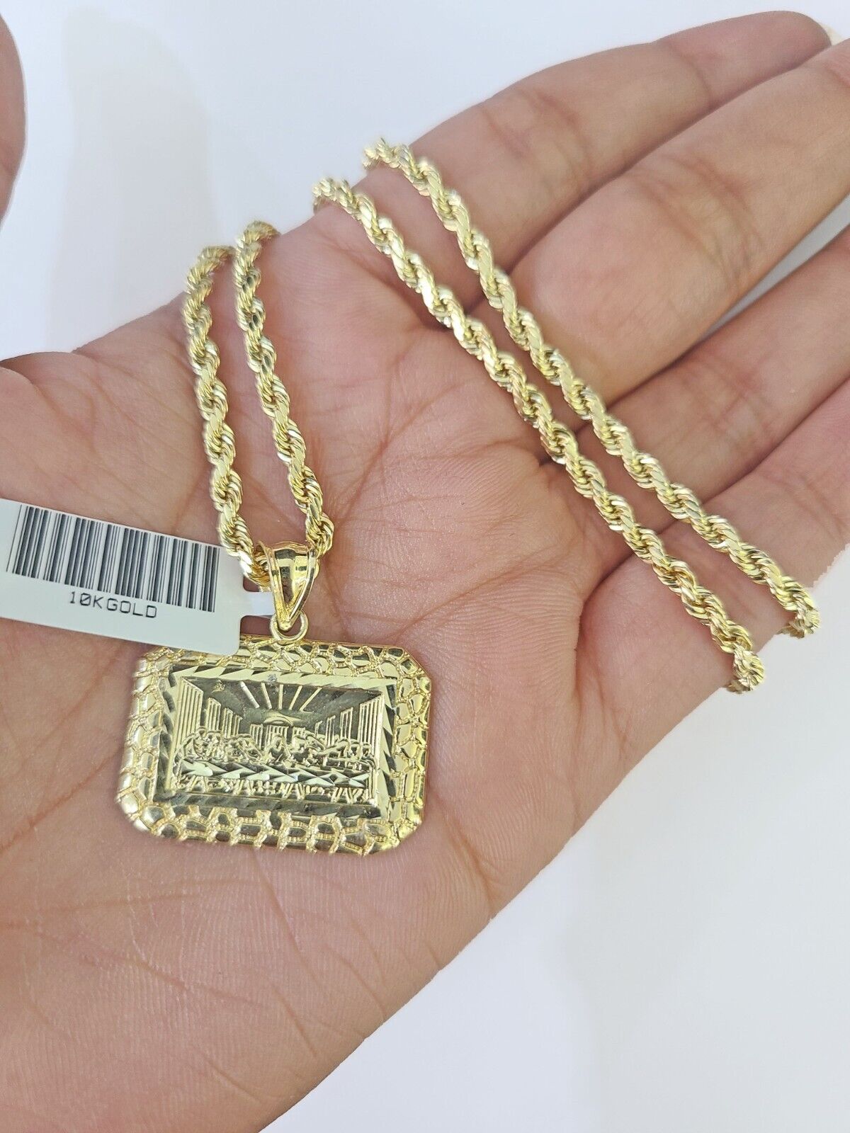 Real 10k 3mm Rope Chain Last Supper Pendant Charm 18" 20" 22" 24" 26" Set Yellow - GoldenlinQ