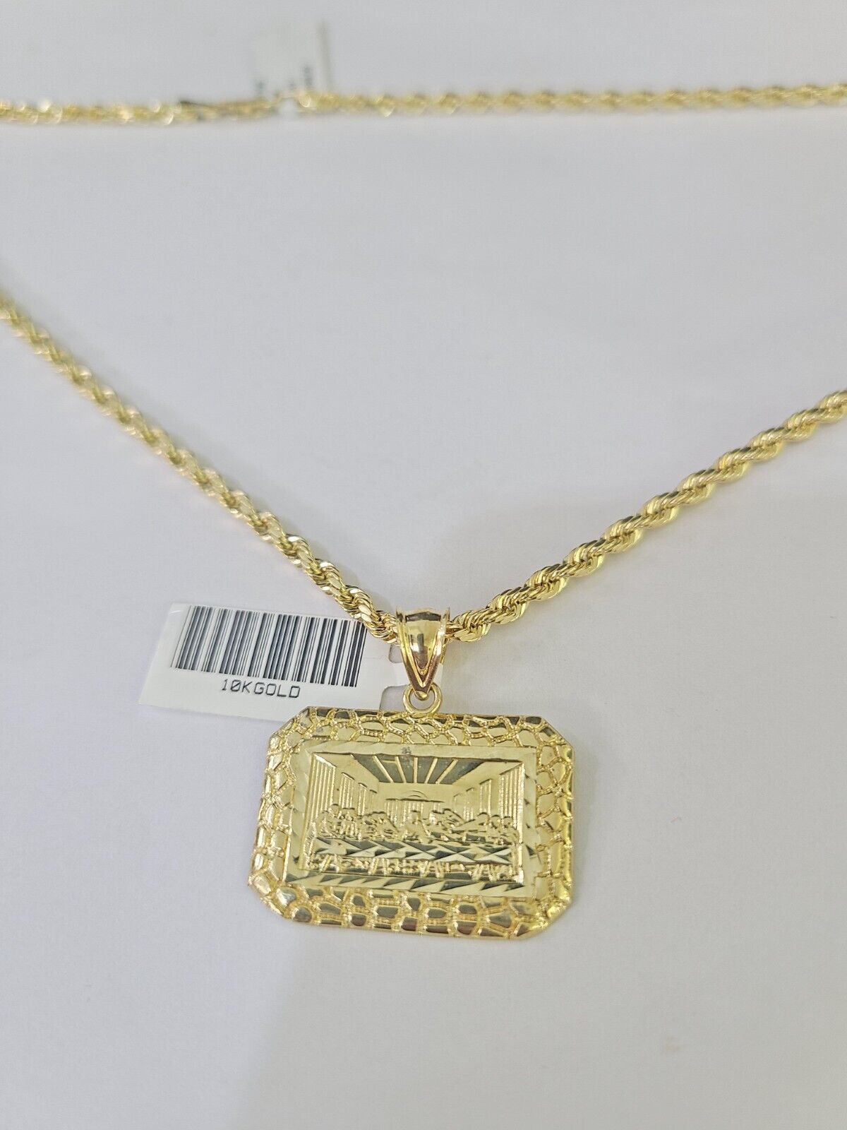 Real 10k 3mm Rope Chain Last Supper Pendant Charm 18" 20" 22" 24" 26" Set Yellow - GoldenlinQ