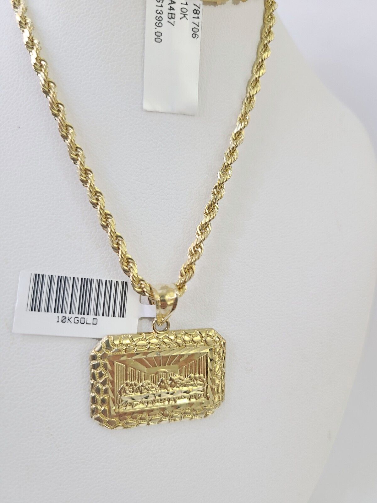 Real 10k 3mm Rope Chain Last Supper Pendant Charm 18" 20" 22" 24" 26" Set Yellow - GoldenlinQ