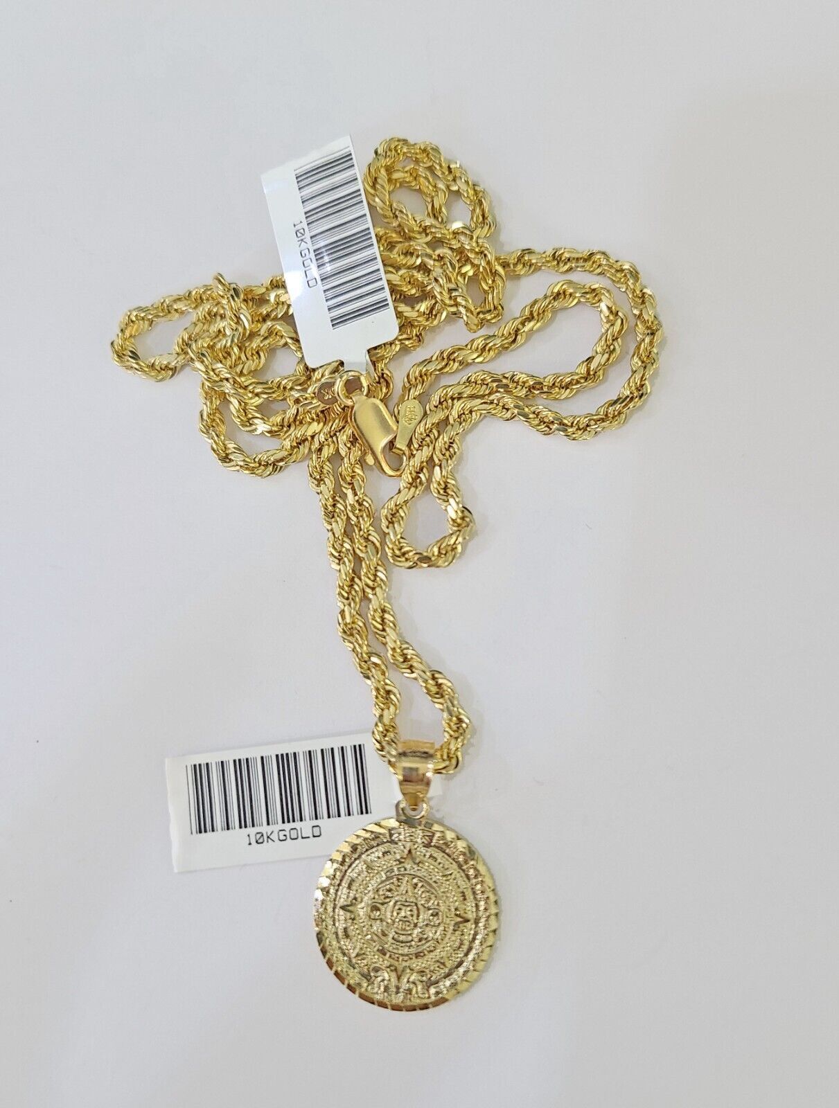 Real 10k 3mm Rope Chain Mayan Calendar Pendant 18" 20" 22" 24" 26" Gold Set - GoldenlinQ