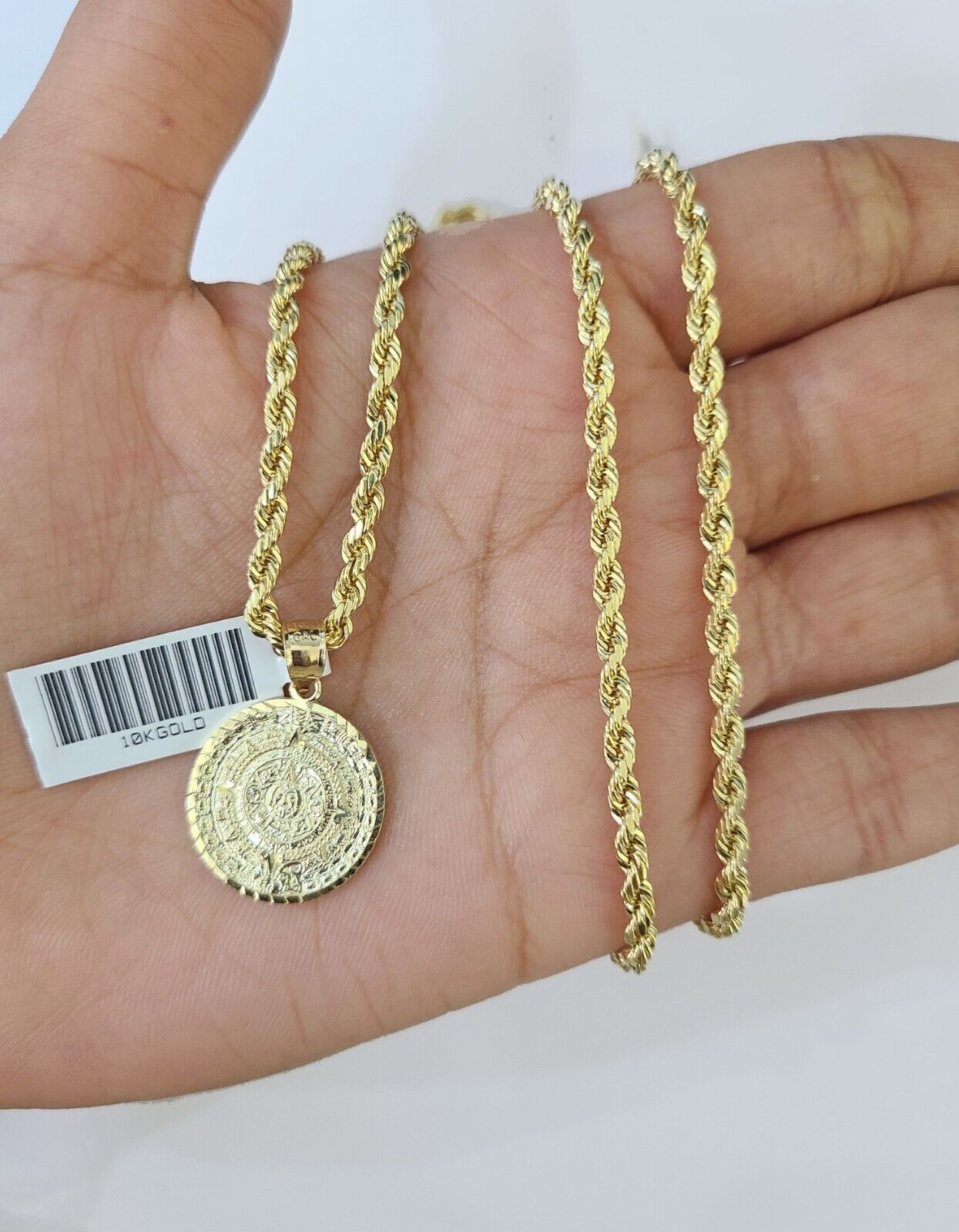Real 10k 3mm Rope Chain Mayan Calendar Pendant 18" 20" 22" 24" 26" Gold Set - GoldenlinQ