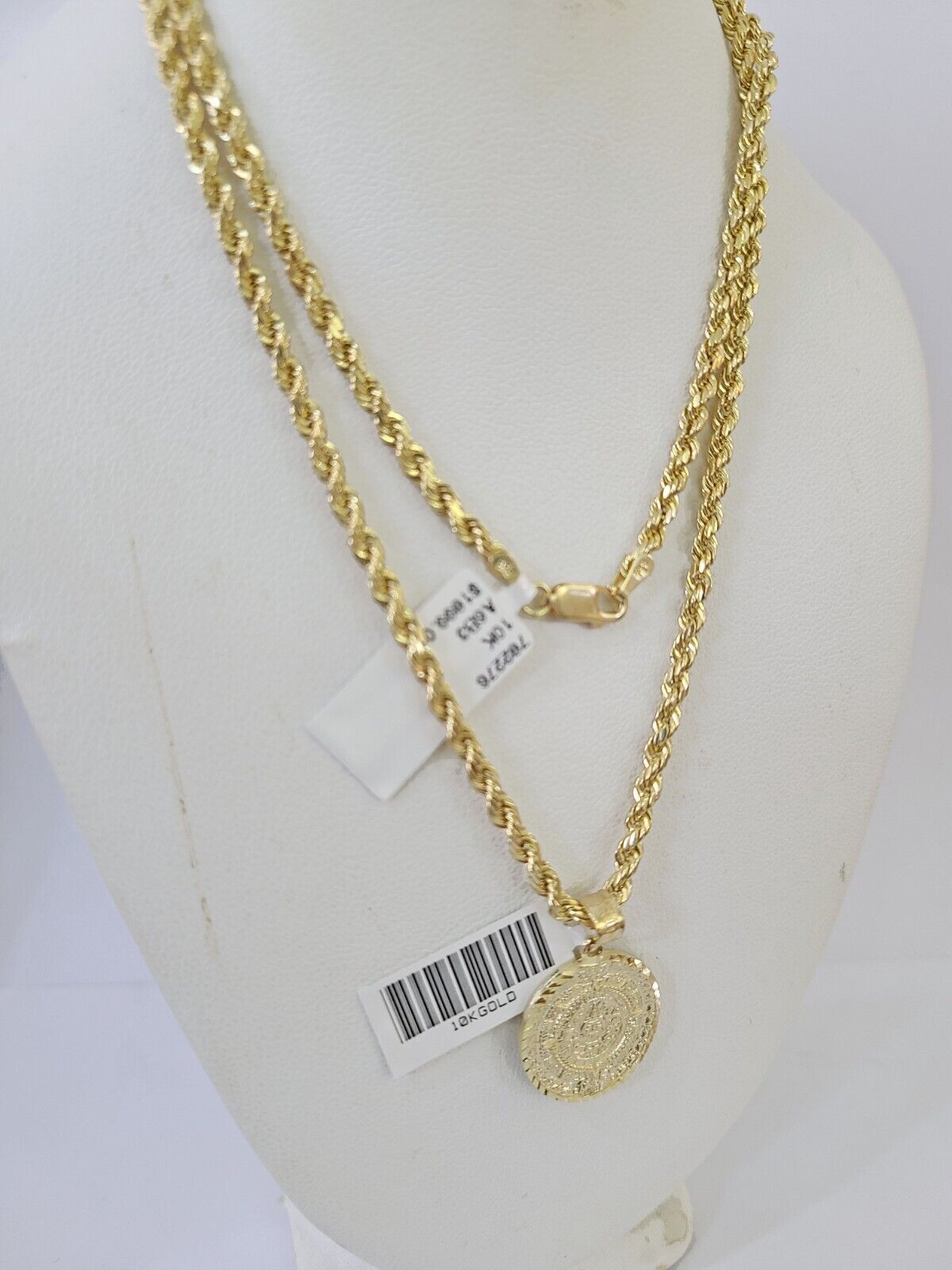 Real 10k 3mm Rope Chain Mayan Calendar Pendant 18" 20" 22" 24" 26" Gold Set - GoldenlinQ