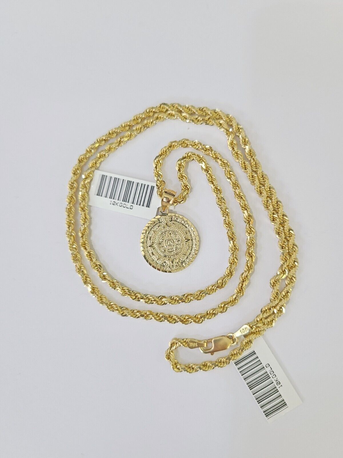 Real 10k 3mm Rope Chain Mayan Calendar Pendant 18" 20" 22" 24" 26" Gold Set - GoldenlinQ