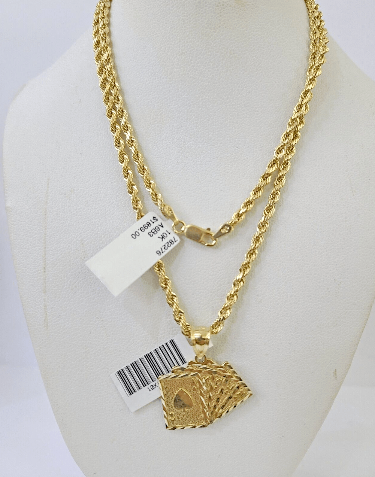 Real 10k 3mm Rope Chain Royal Flush Pendant 18" 20" 22" 24" 26" Gold Set - GoldenlinQ