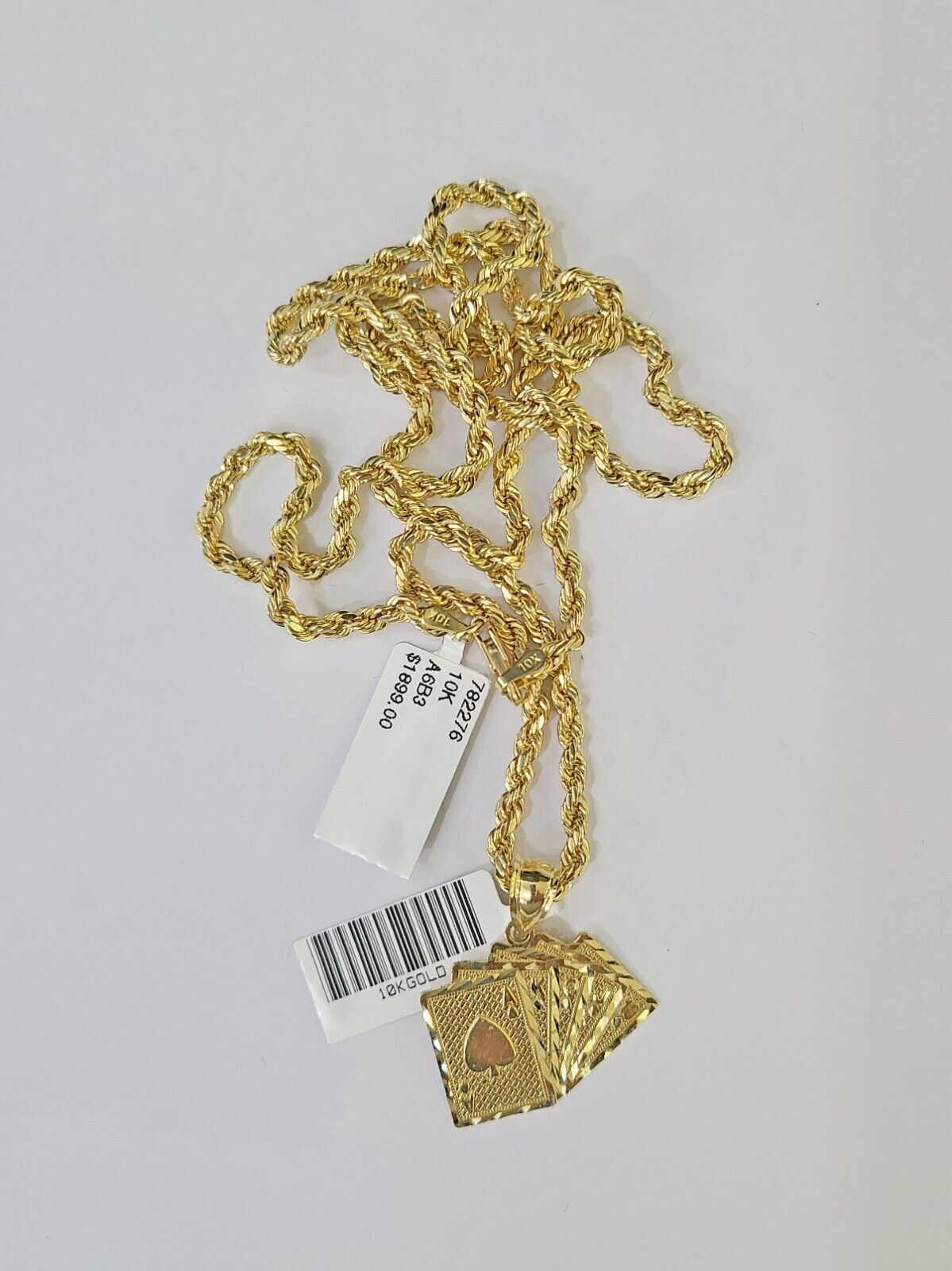 Real 10k 3mm Rope Chain Royal Flush Pendant 18" 20" 22" 24" 26" Gold Set - GoldenlinQ