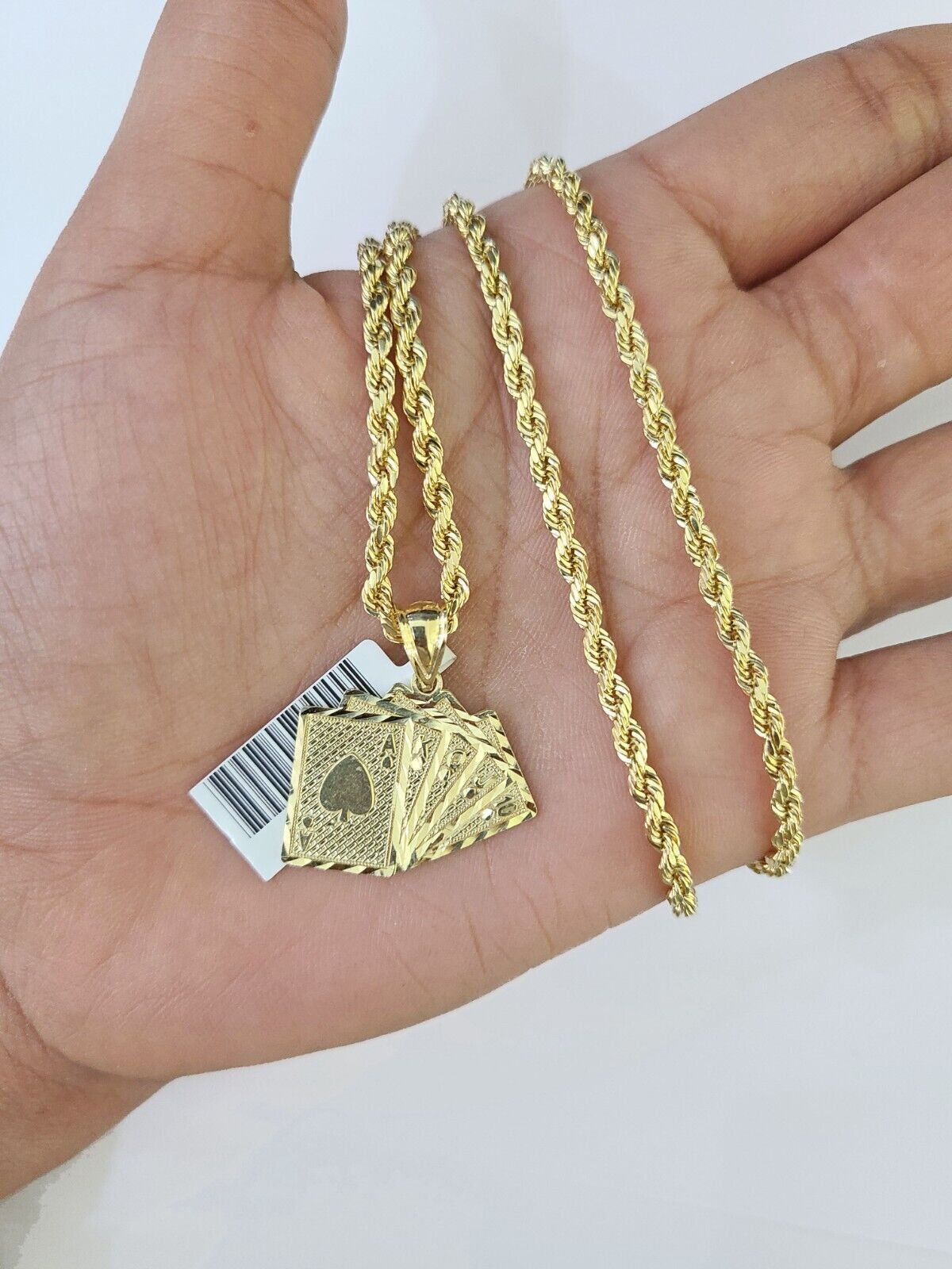 Real 10k 3mm Rope Chain Royal Flush Pendant 18" 20" 22" 24" 26" Gold Set - GoldenlinQ