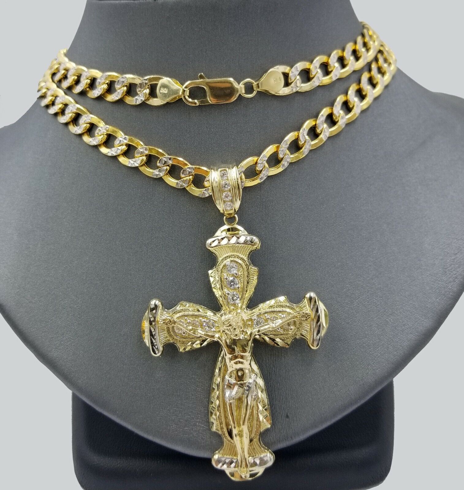 Real 10k Cuban Curb Link Necklace Pendant SET Jesus Crucifix Cross Chain - GoldenlinQ