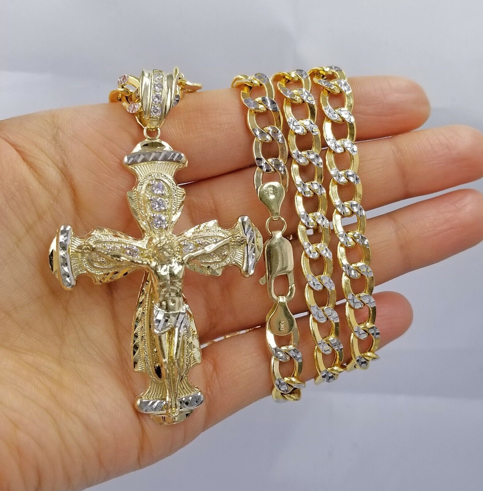 Real 10k Cuban Curb Link Necklace Pendant SET Jesus Crucifix Cross Chain - GoldenlinQ