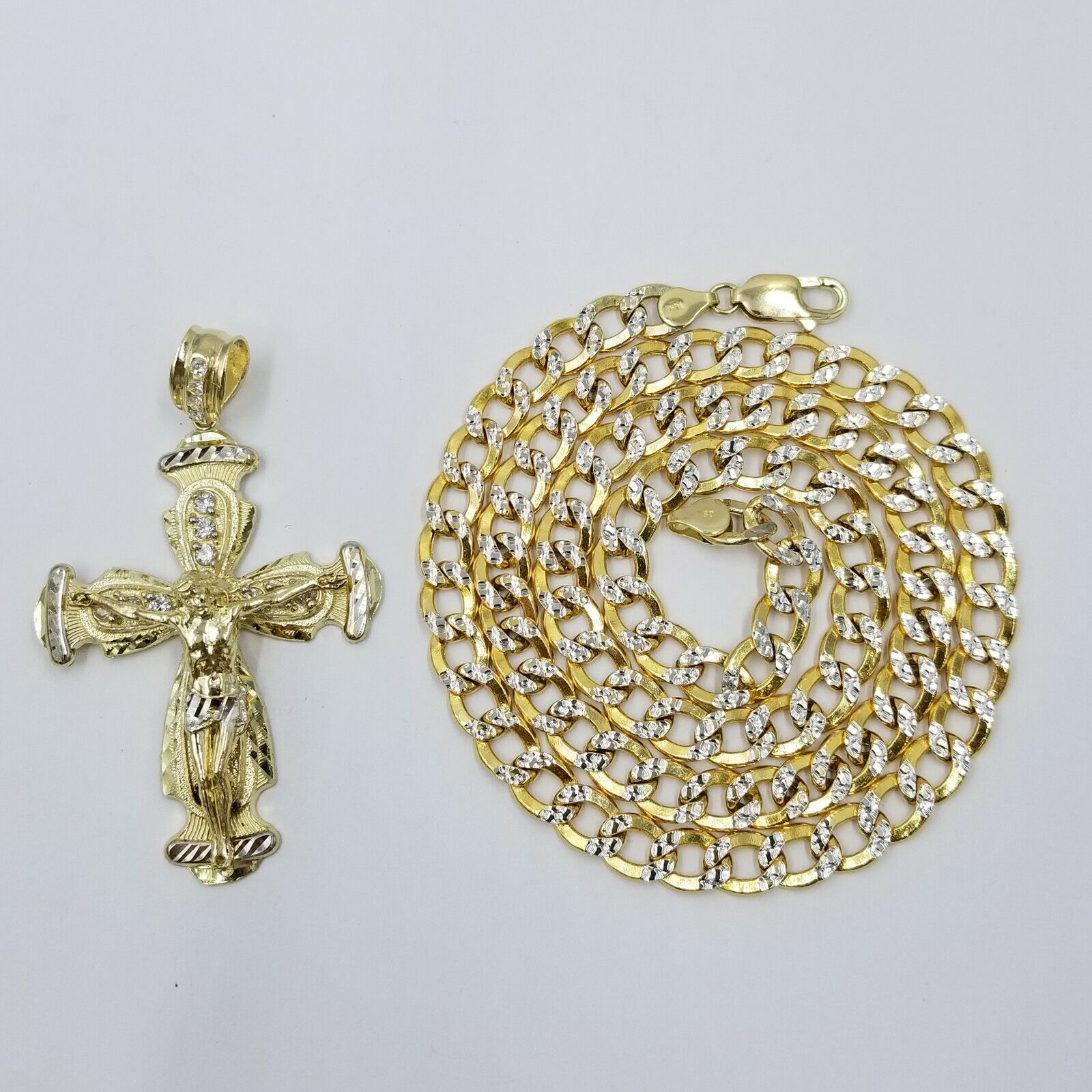 Real 10k Cuban Curb Link Necklace Pendant SET Jesus Crucifix Cross Chain - GoldenlinQ