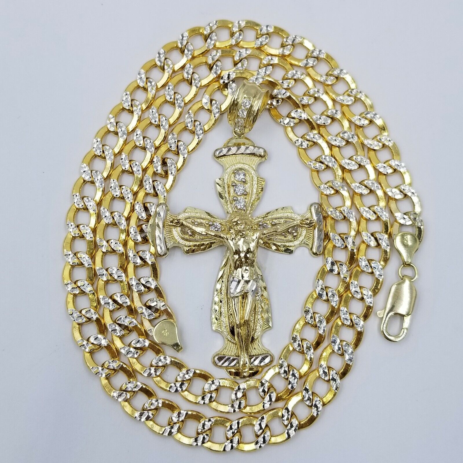 Real 10k Cuban Curb Link Necklace Pendant SET Jesus Crucifix Cross Chain - GoldenlinQ