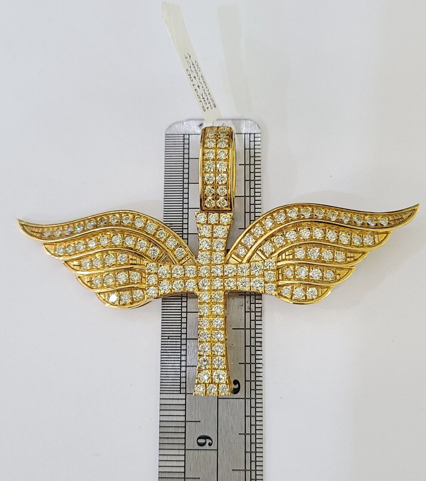 Real 10k Diamond Cross Wings Charm Yellow Gold Men Women Pendant Genuine 3" - GoldenlinQ