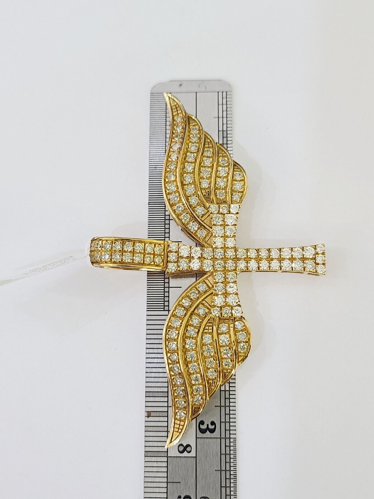 Real 10k Diamond Cross Wings Charm Yellow Gold Men Women Pendant Genuine 3" - GoldenlinQ
