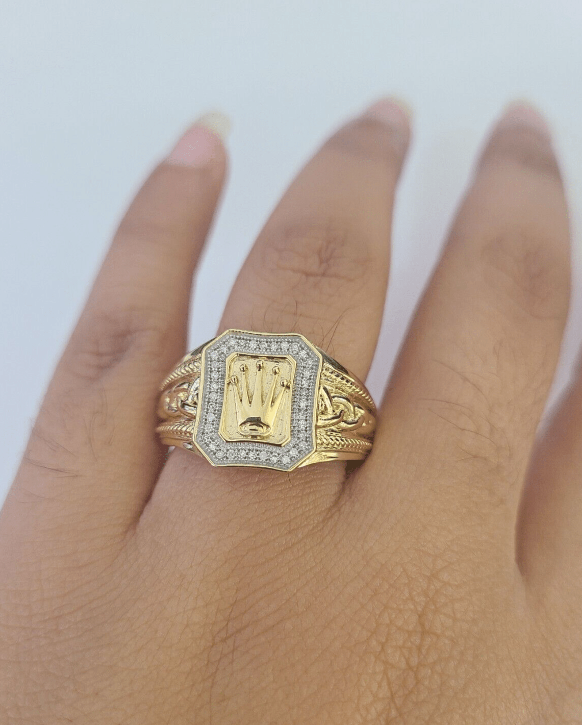 Real 10k Diamond Crown Mens Ring Band Yellow Gold Wedding Casual Genuine Natural - GoldenlinQ