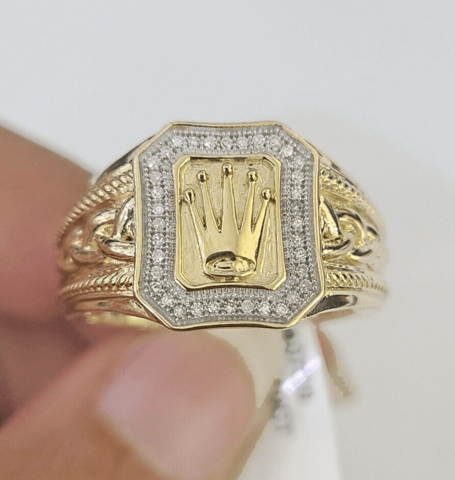 Real 10k Diamond Crown Mens Ring Band Yellow Gold Wedding Casual Genuine Natural - GoldenlinQ