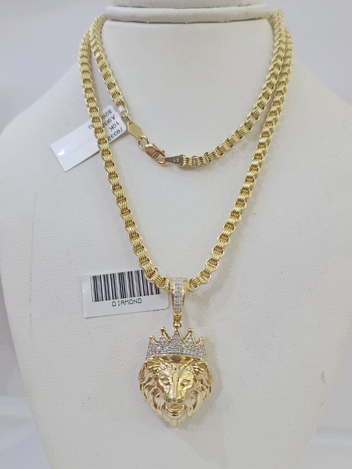 Real 10k Diamond Lion Charm Byzantine Chain Necklace 3mm 22" SET 10kt Genuine - GoldenlinQ