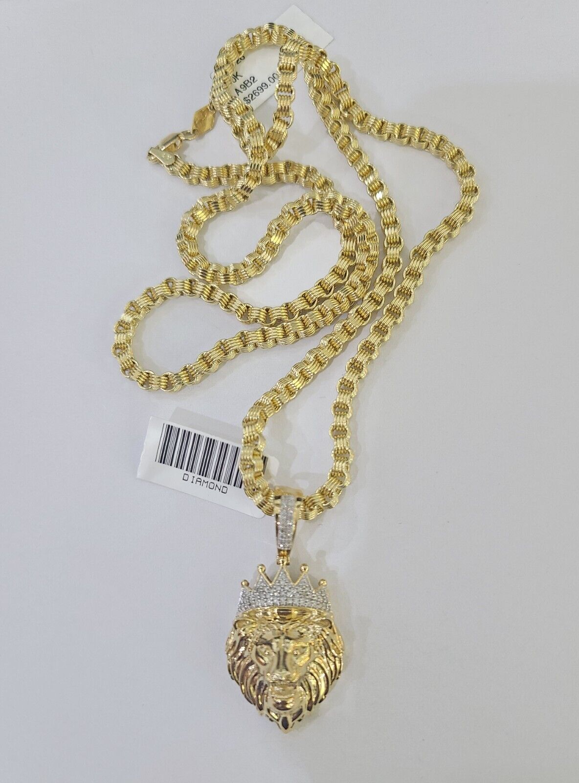 Real 10k Diamond Lion Charm Byzantine Chain Necklace 3mm 22" SET 10kt Genuine - GoldenlinQ