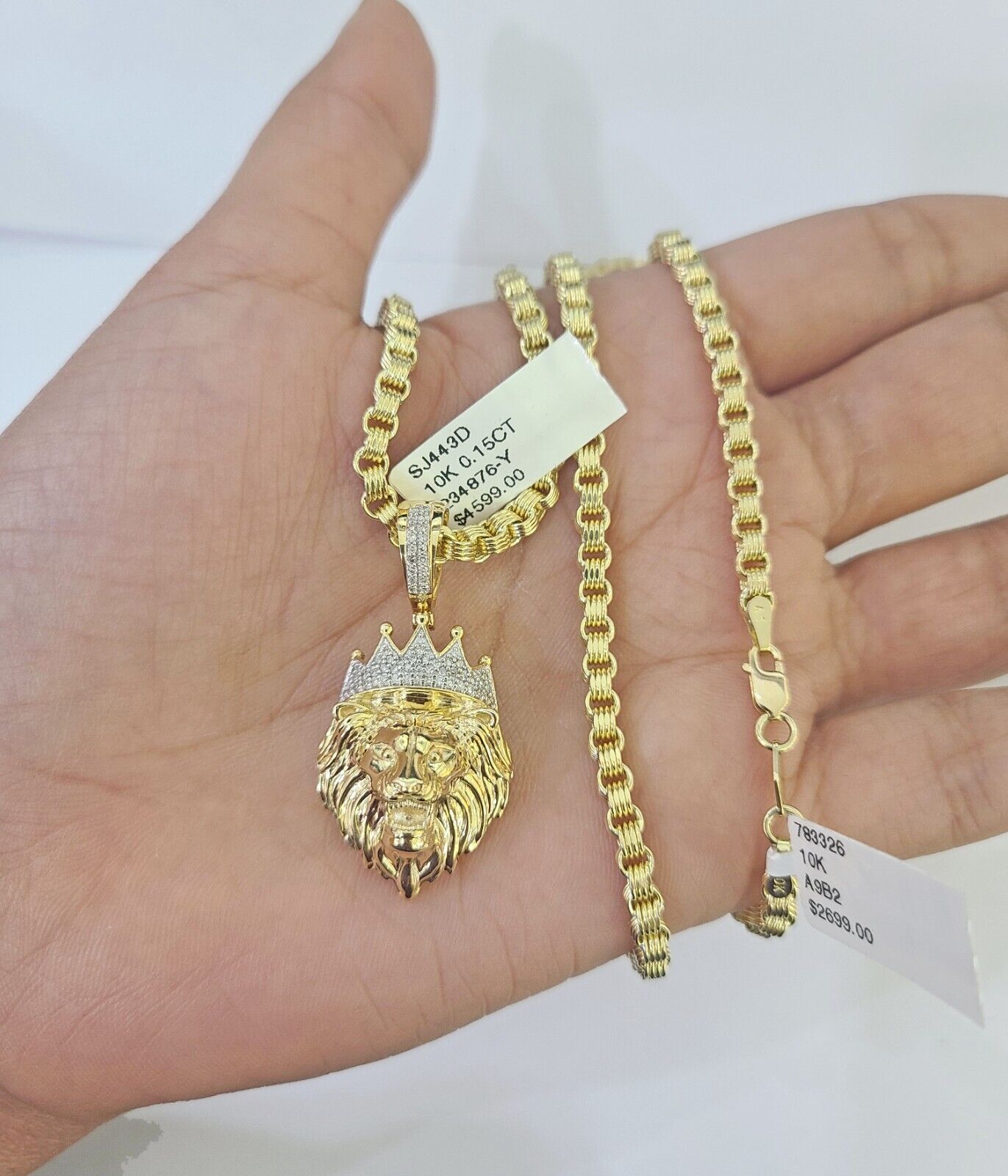 Real 10k Diamond Lion Charm Byzantine Chain Necklace 3mm 22" SET 10kt Genuine - GoldenlinQ