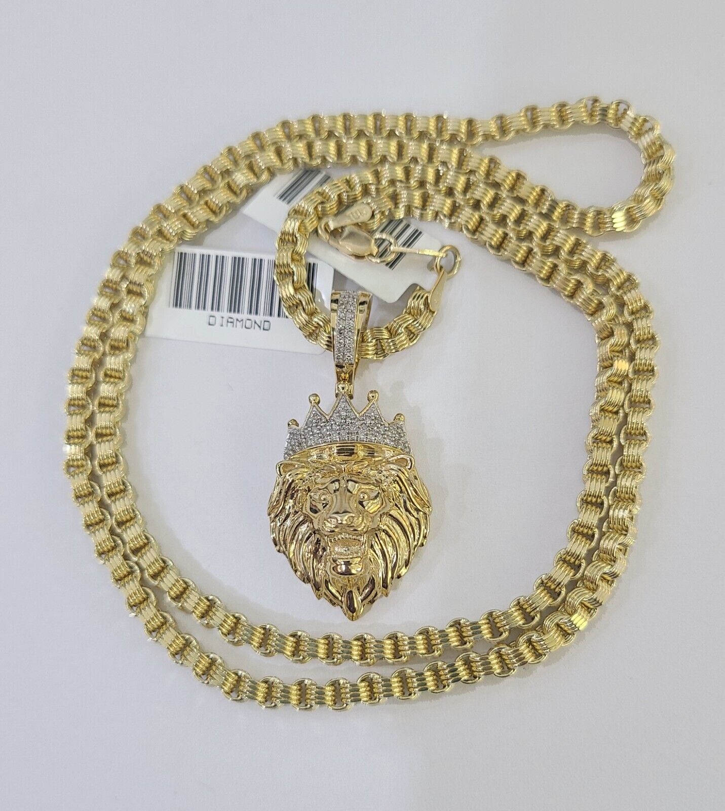 Real 10k Diamond Lion Charm Byzantine Chain Necklace 3mm 22" SET 10kt Genuine - GoldenlinQ