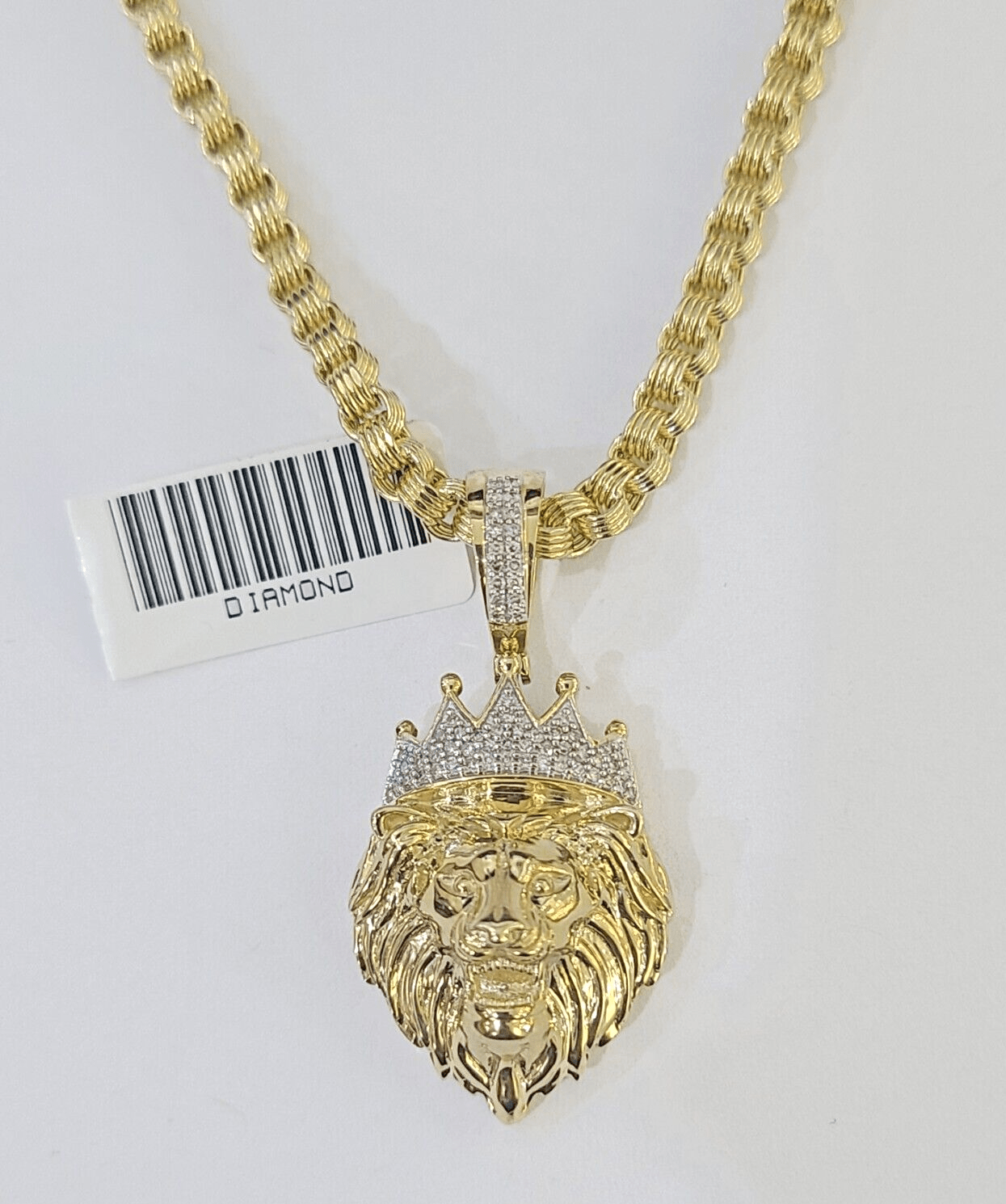 Real 10k Diamond Lion Charm Byzantine Chain Necklace 3mm 22" SET 10kt Genuine - GoldenlinQ
