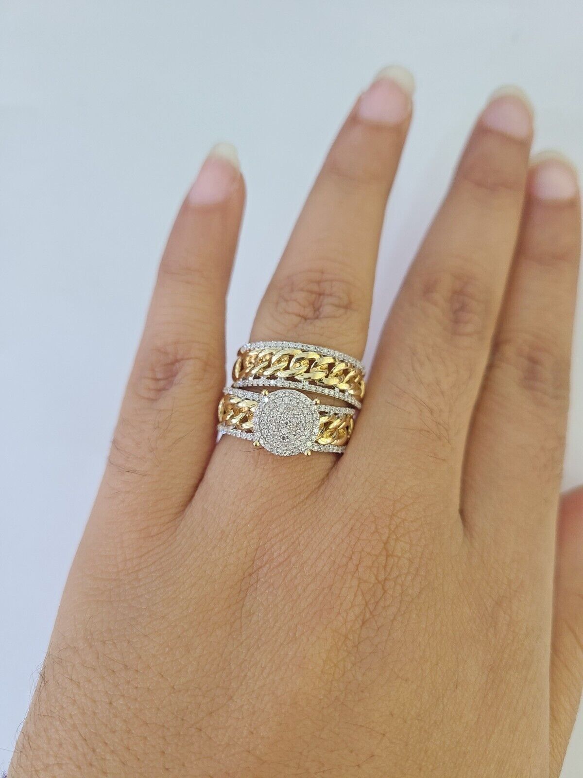 REAL 10k Diamond Ring Yellow Gold Ladies Men Trio SET Wedding Engagement Genuine - GoldenlinQ