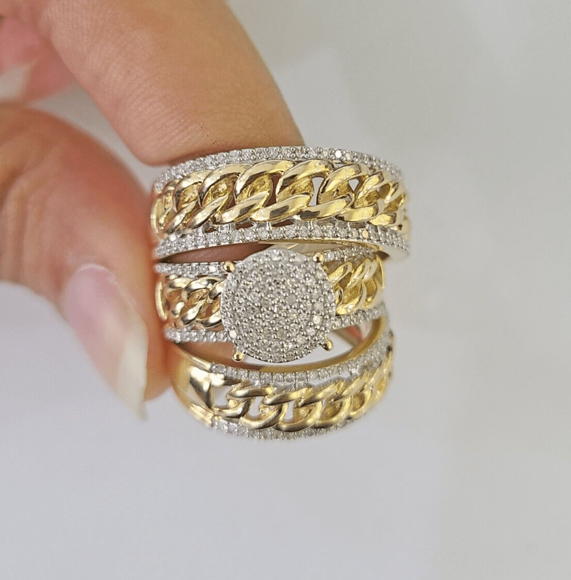 REAL 10k Diamond Ring Yellow Gold Ladies Men Trio SET Wedding Engagement Genuine - GoldenlinQ