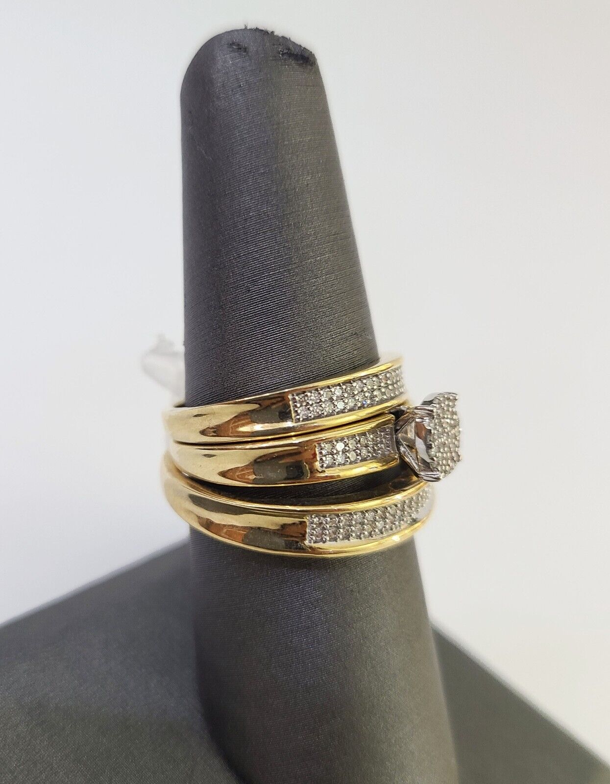 REAL 10k Diamond Ring Yellow Gold Ladies Men Trio SET Wedding Engagement Genuine - GoldenlinQ