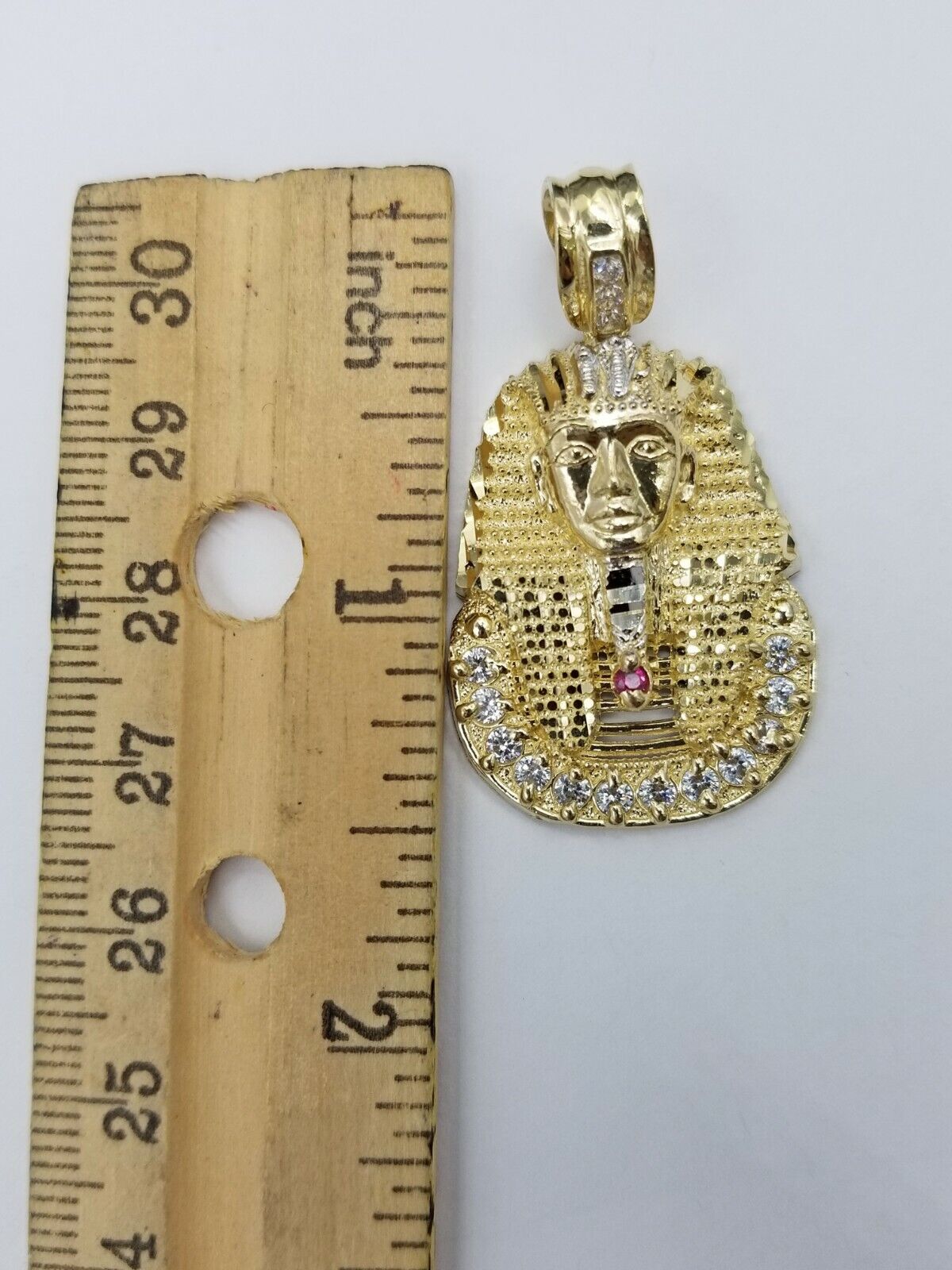 Real 10k Figaro Chain 24" Inch Diamond Cut 1.5 Inch Pharaoh Head Charm Pendant - GoldenlinQ