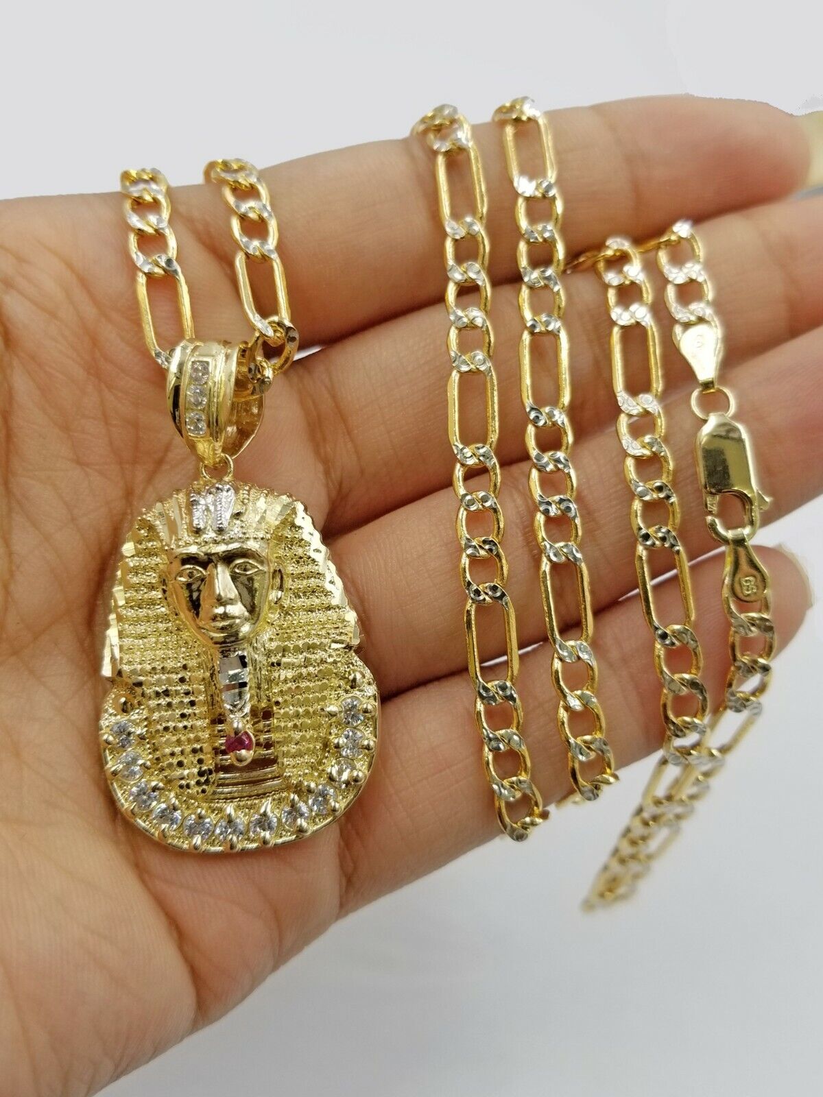 Real 10k Figaro Chain 24" Inch Diamond Cut 1.5 Inch Pharaoh Head Charm Pendant - GoldenlinQ