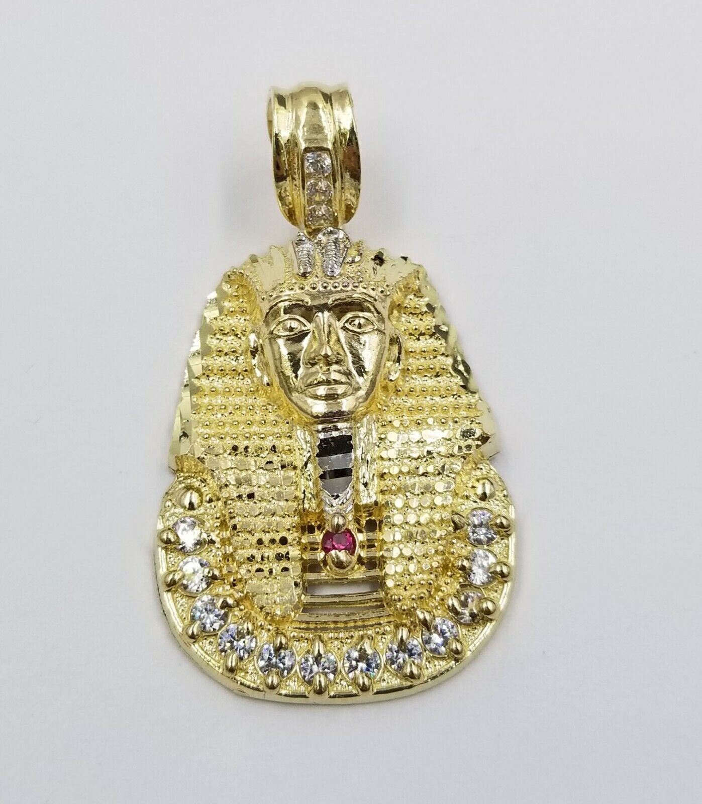 Real 10k Figaro Chain 24" Inch Diamond Cut 1.5 Inch Pharaoh Head Charm Pendant - GoldenlinQ