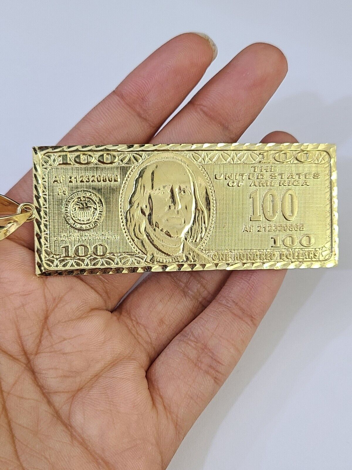 Real 10K Gold 100 Dollar Bill Charm Diamond Cut 10kt yellow Gold Charm - GoldenlinQ
