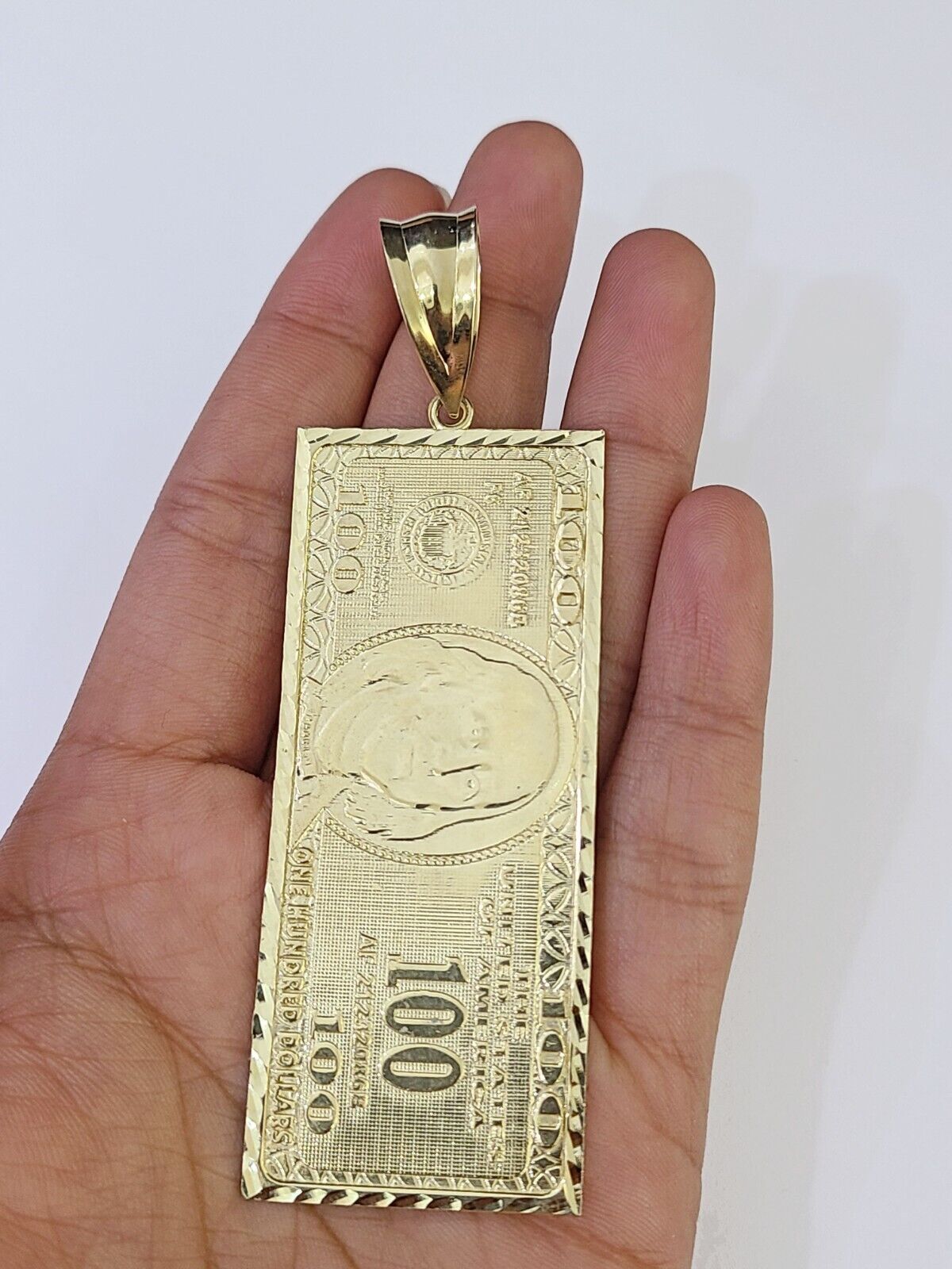 Real 10K Gold 100 Dollar Bill Charm Diamond Cut 10kt yellow Gold Charm - GoldenlinQ