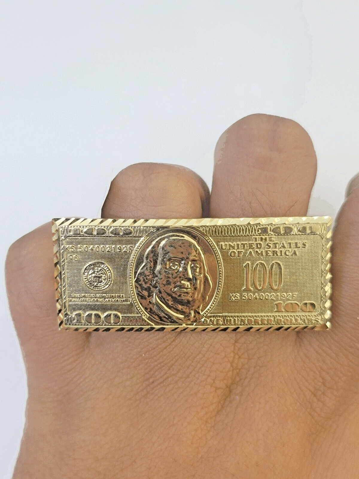 Real 10K Gold 100 Dollar Bill Ring Diamond Cut 10kt yellow Gold Ring - GoldenlinQ