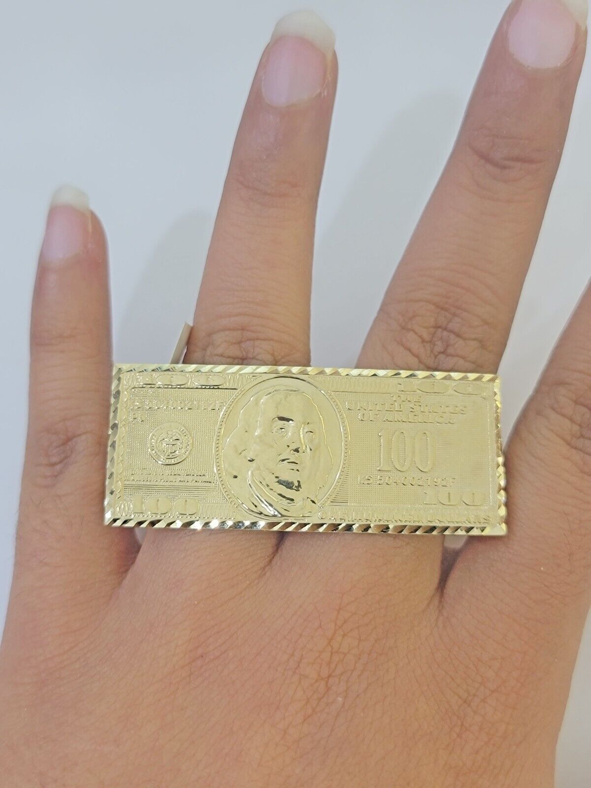 Real 10K Gold 100 Dollar Bill Ring Diamond Cut 10kt yellow Gold Ring - GoldenlinQ