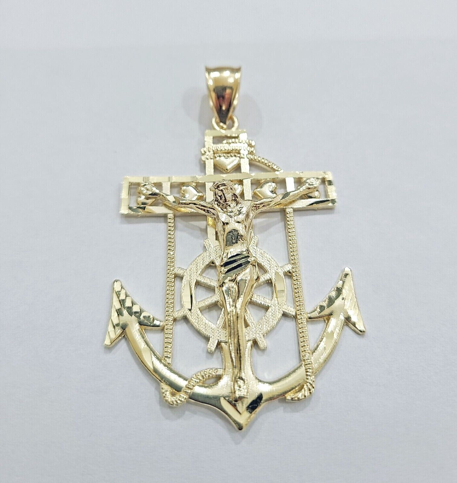 Real 10k Gold Anchor Jesus Crucifix Charm Pendant 10kt Yellow Gold Men Women - GoldenlinQ