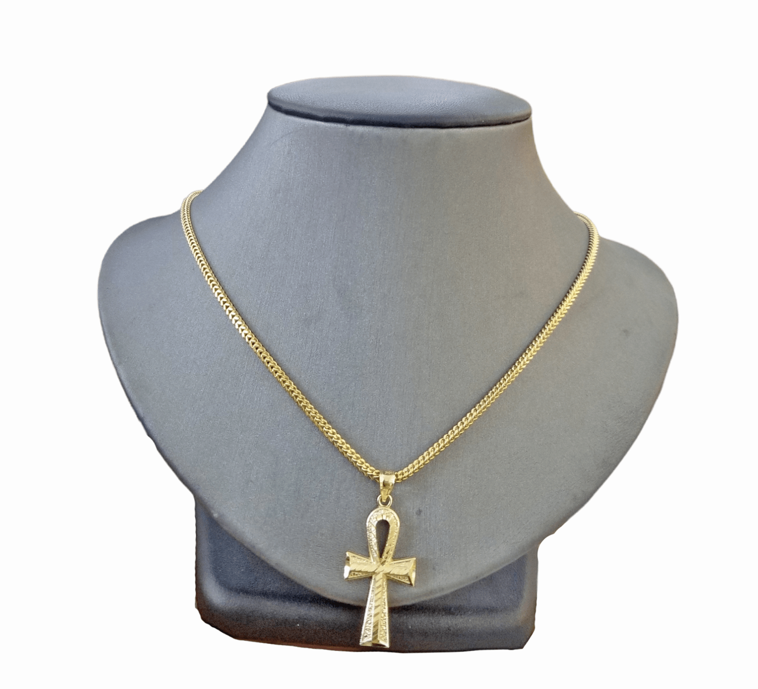 Real 10k Gold Ankh Cross Egyptian Symbol Pendent 2mm Franco Chain 18" - 26" Inch - GoldenlinQ