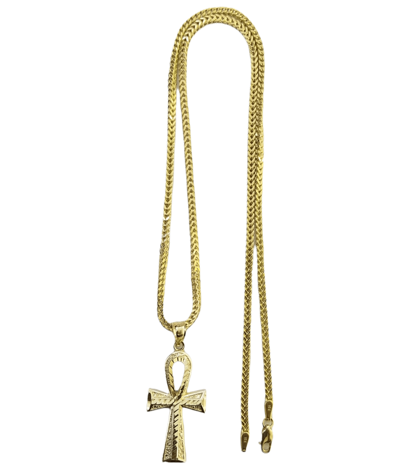 Real 10k Gold Ankh Cross Egyptian Symbol Pendent 2mm Franco Chain 18" - 26" Inch - GoldenlinQ
