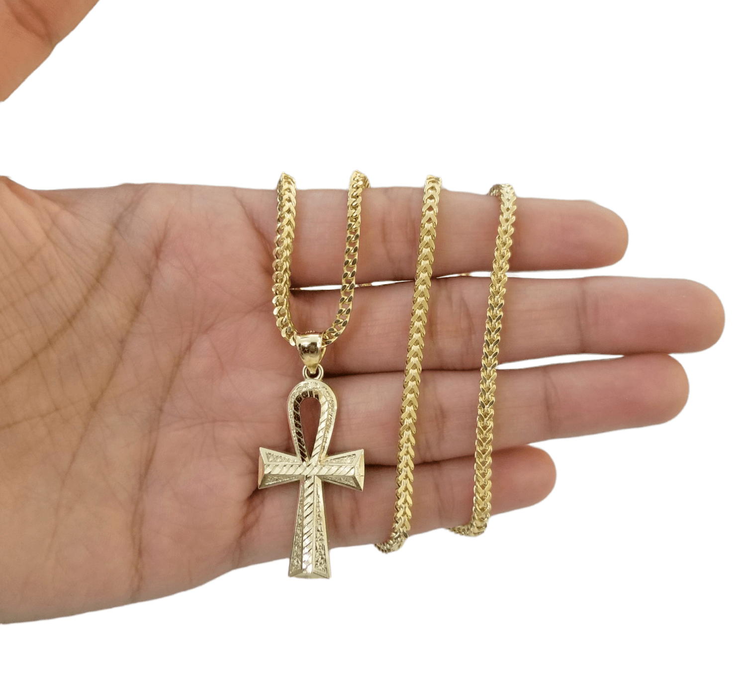 Real 10k Gold Ankh Cross Egyptian Symbol Pendent 3mm Franco Chain 18" - 28" Inch - GoldenlinQ