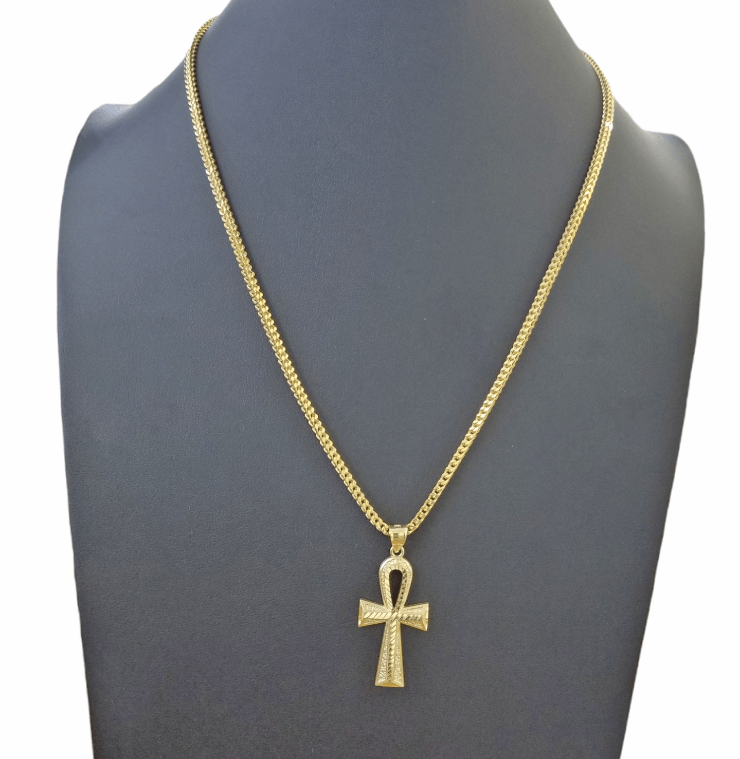 Real 10k Gold Ankh Cross Egyptian Symbol Pendent 3mm Franco Chain 18" - 28" Inch - GoldenlinQ