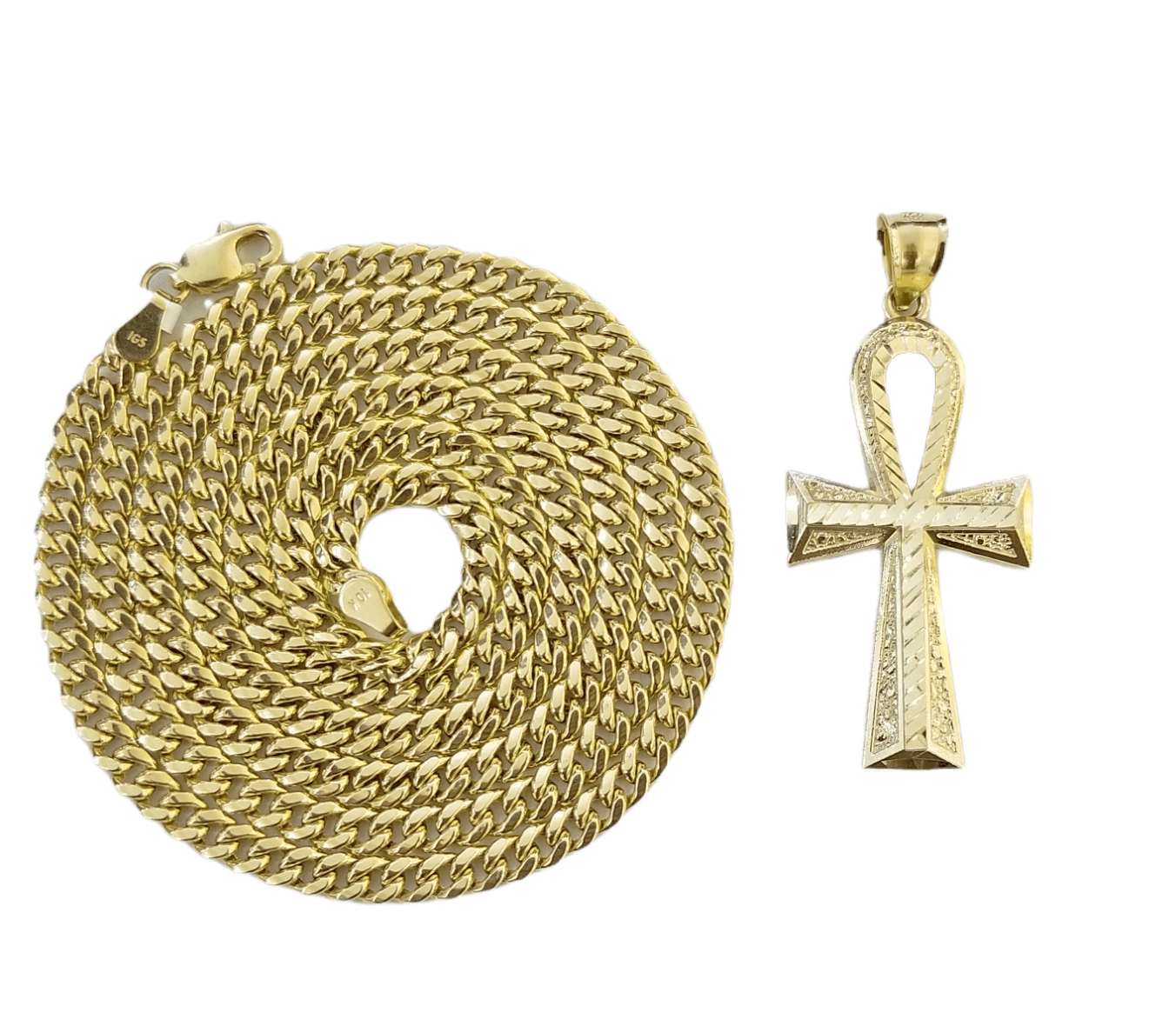 Real 10k Gold Ankh Cross Pendent 4mm Cuban Link Chain 18"20' 22" 24" 26" SET - GoldenlinQ