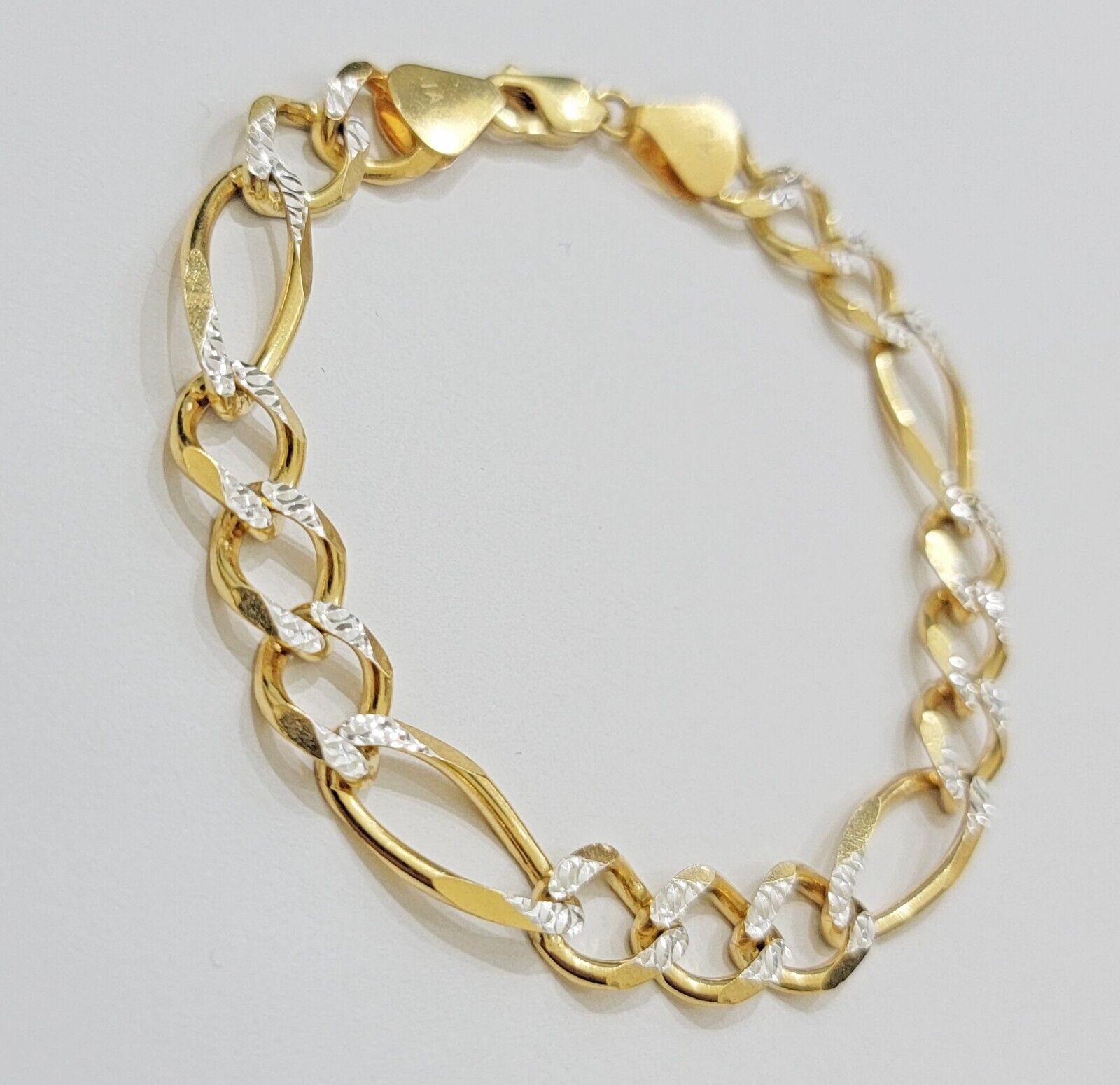 REAL 10k Gold Bracelet Figaro Link Solid Yellow Gold 8.5" 9mm Two - tone Diamond - GoldenlinQ