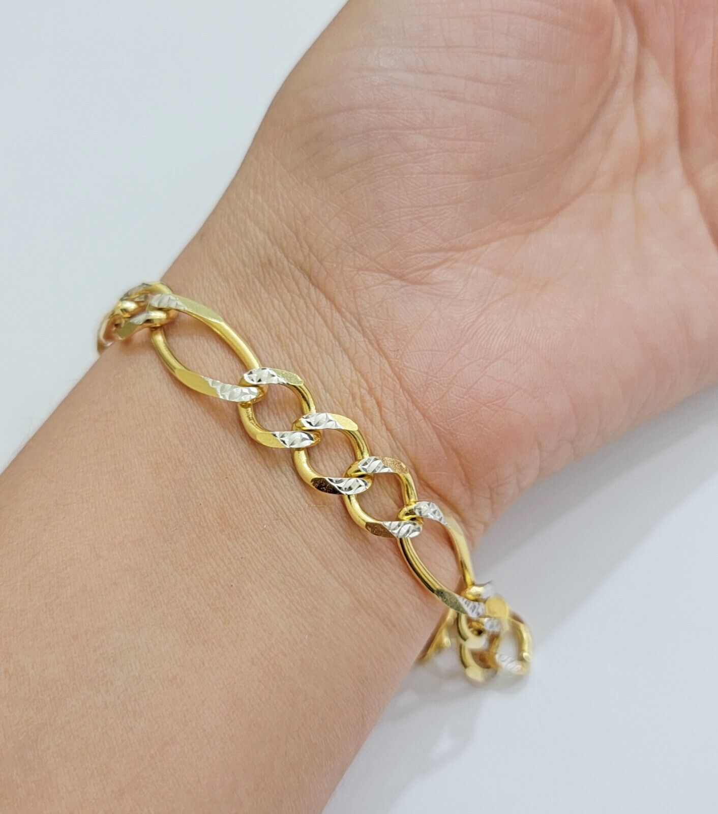 REAL 10k Gold Bracelet Figaro Link Solid Yellow Gold 8.5" 9mm Two - tone Diamond - GoldenlinQ